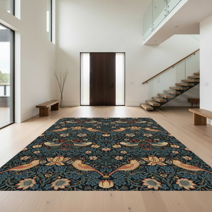 Golden Birds Amidst Dark Floral Vines Rug