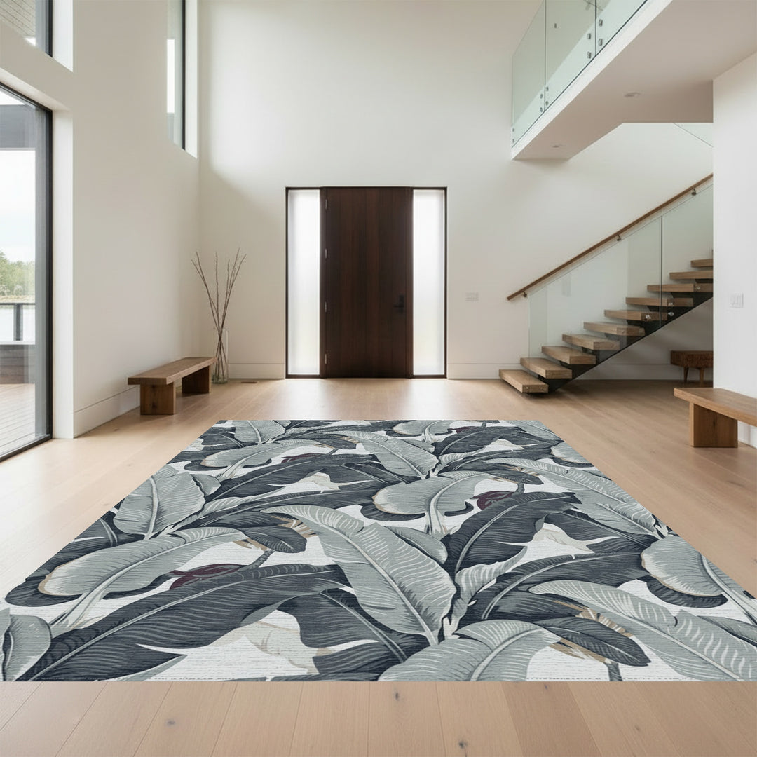 Monochrome Tropical Banana Leaf Lush Rug
