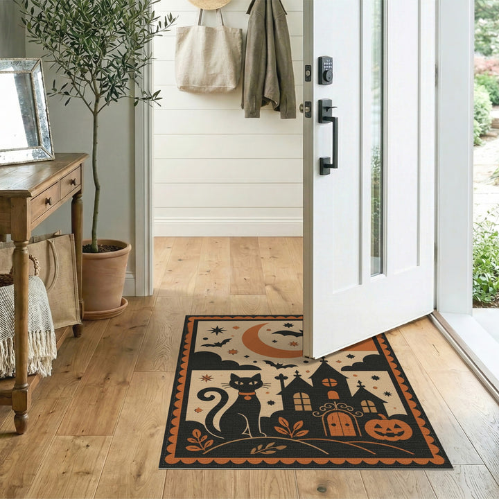 Orange Vintage Black Cat Halloween Area Rug