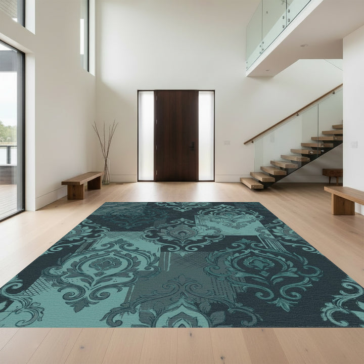 Deep Teal Damask Patchwork Rug