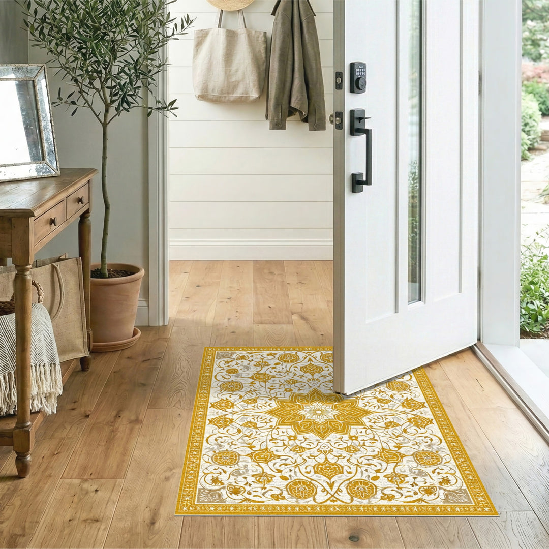 Gold and Silver Gold Floral Medallion Vintage Area Rug