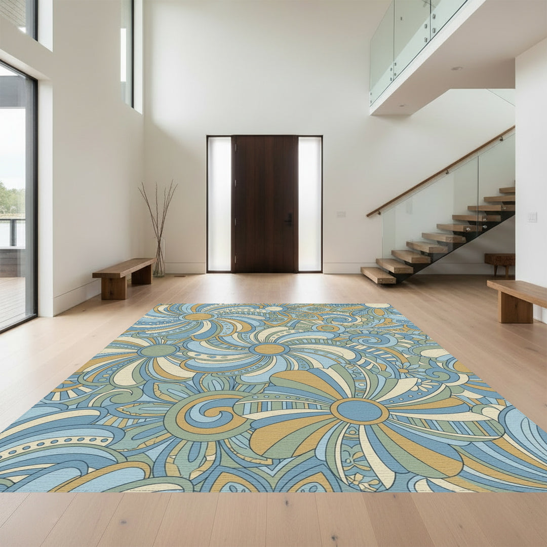Earthy Blue Tan Floral Swirls Rug