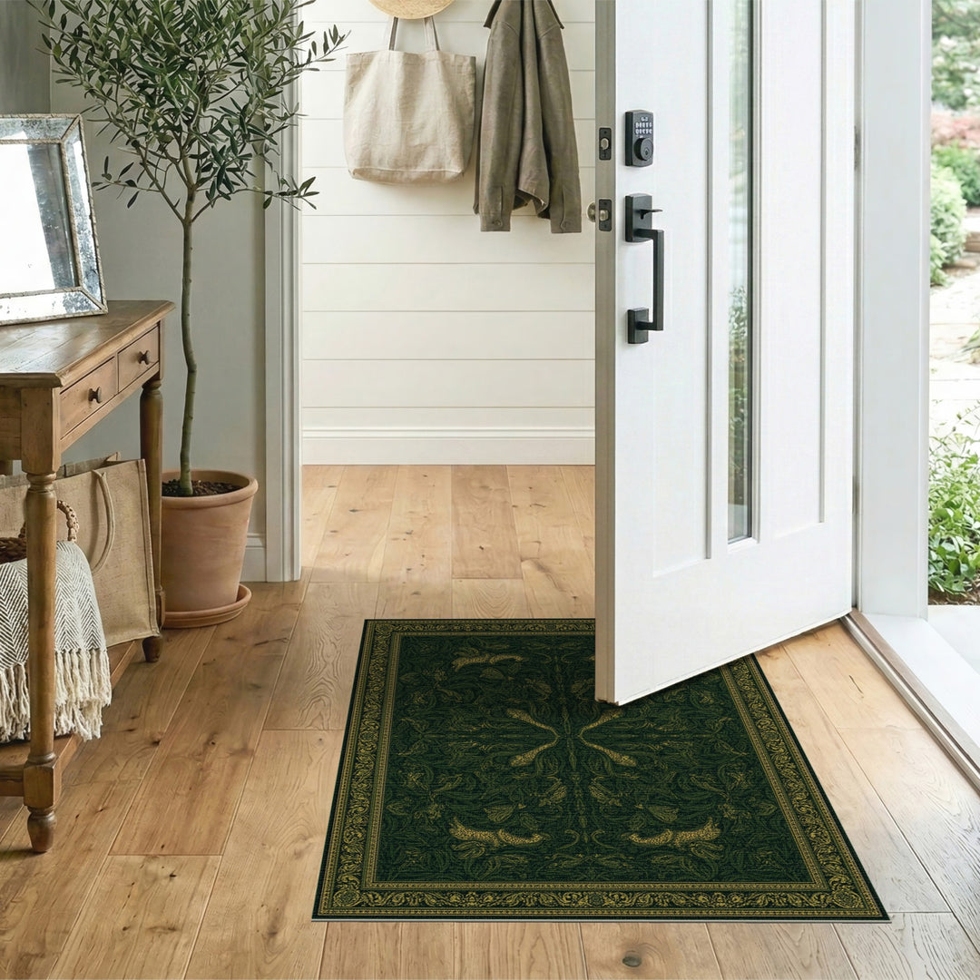 Green Floral Vintage Area Rug with Gold Hares