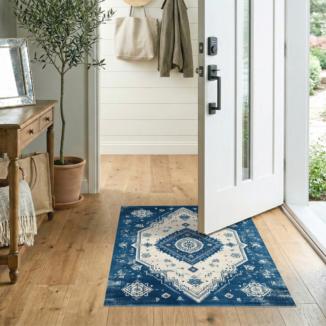 Blue and Teal Blue Distressed Vintage Area Rug