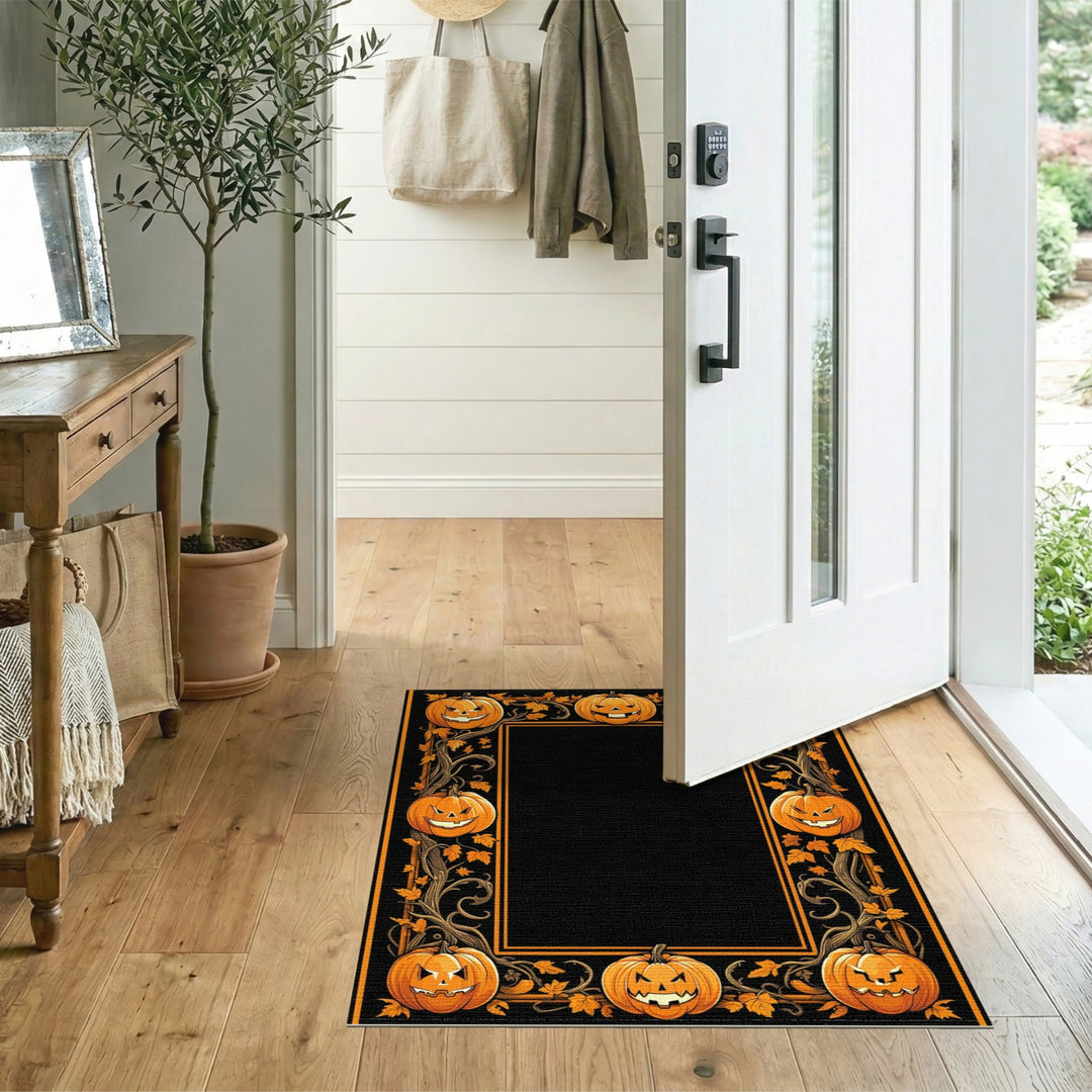 Orange Jack-o'-Lantern Pumpkin Border Area Rug