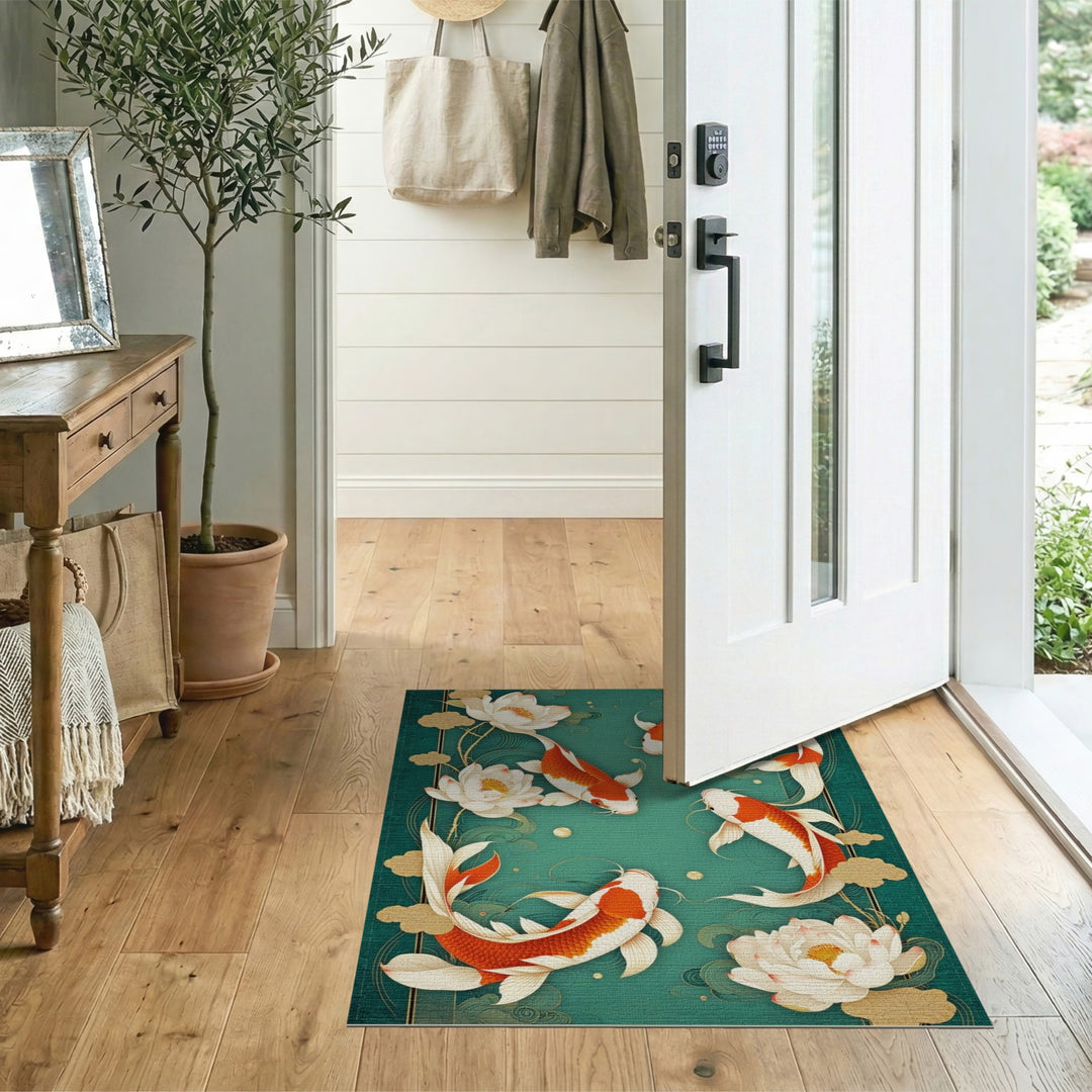Blue and Teal Koi Lotus Teal Washable Area Rug