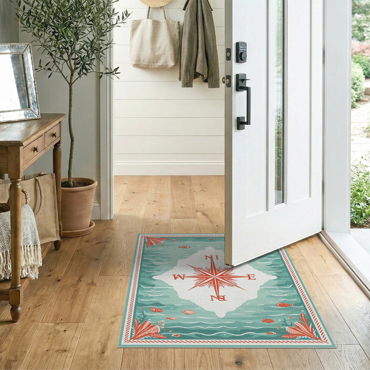 Coastal Compass Teal Area Rug