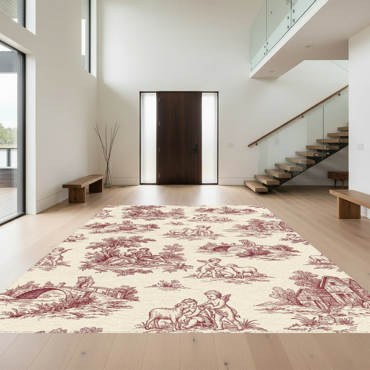 Romantic Cherubs Red Toile Scene Rug