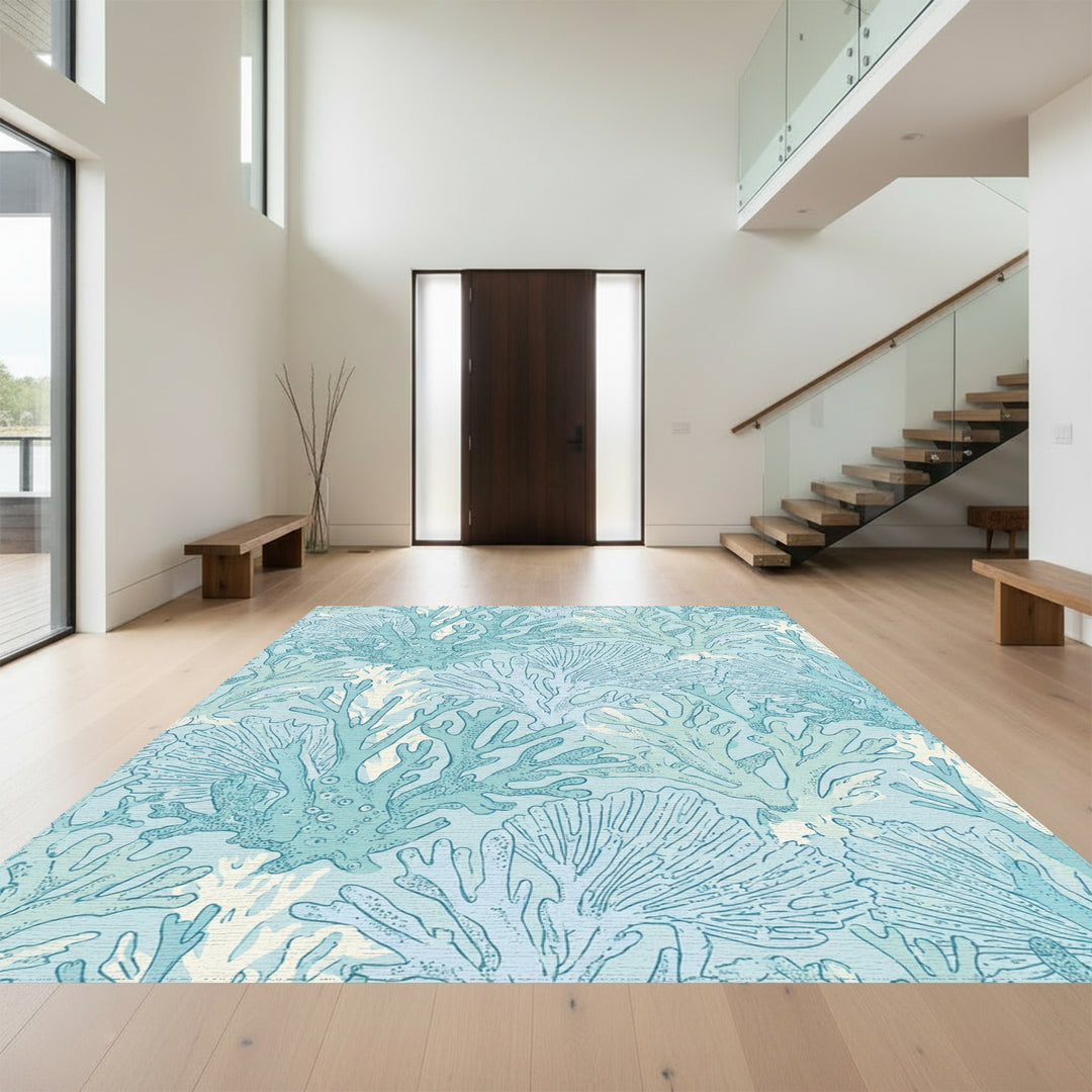 Oceanic Blue Coral Branch Arrangement Rug