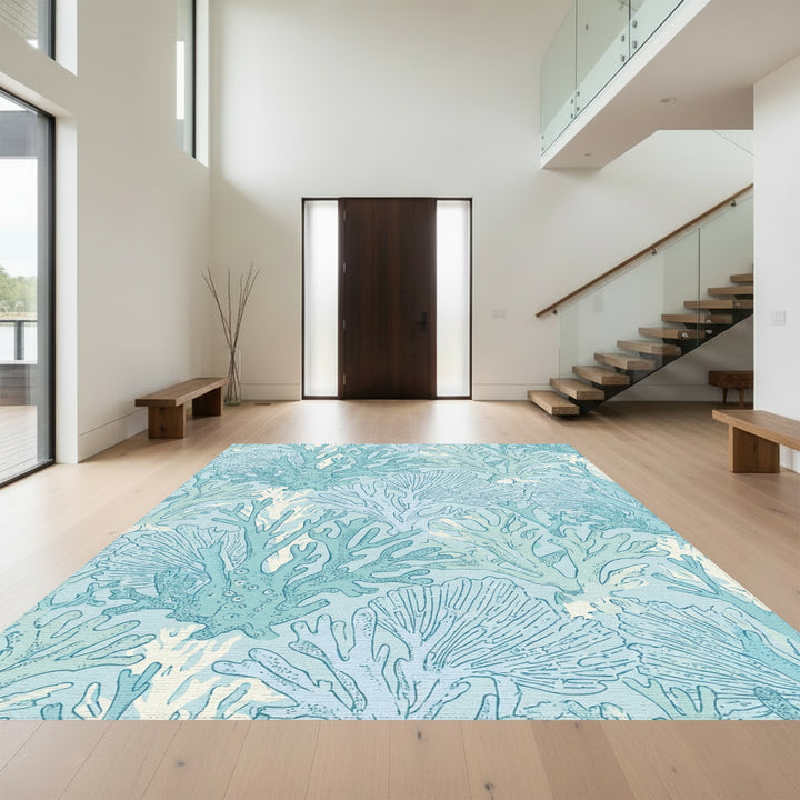Oceanic Blue Coral Branch Arrangement Rug