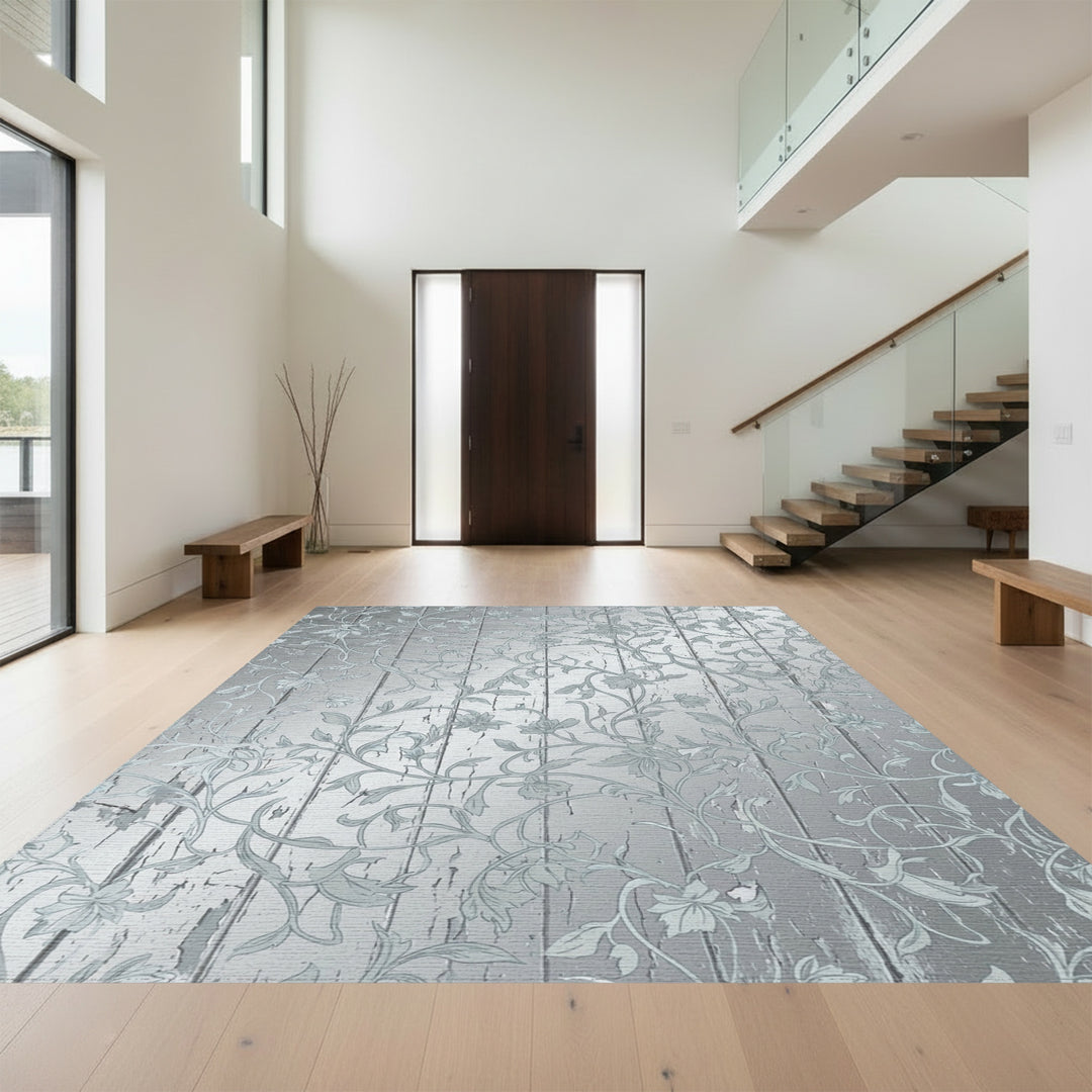 Distressed Silver Floral Vine Wood Grain Rug