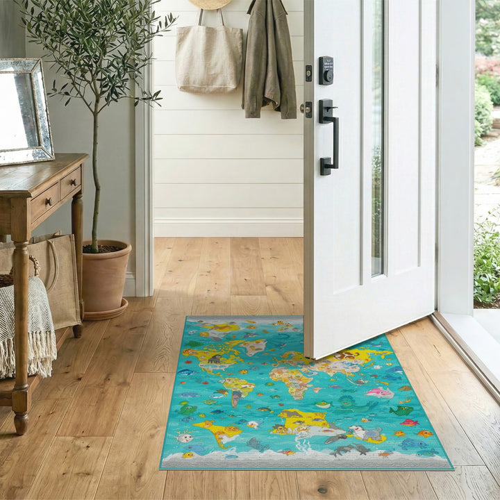 Kids Cartoon World Map Area Rug with Animals