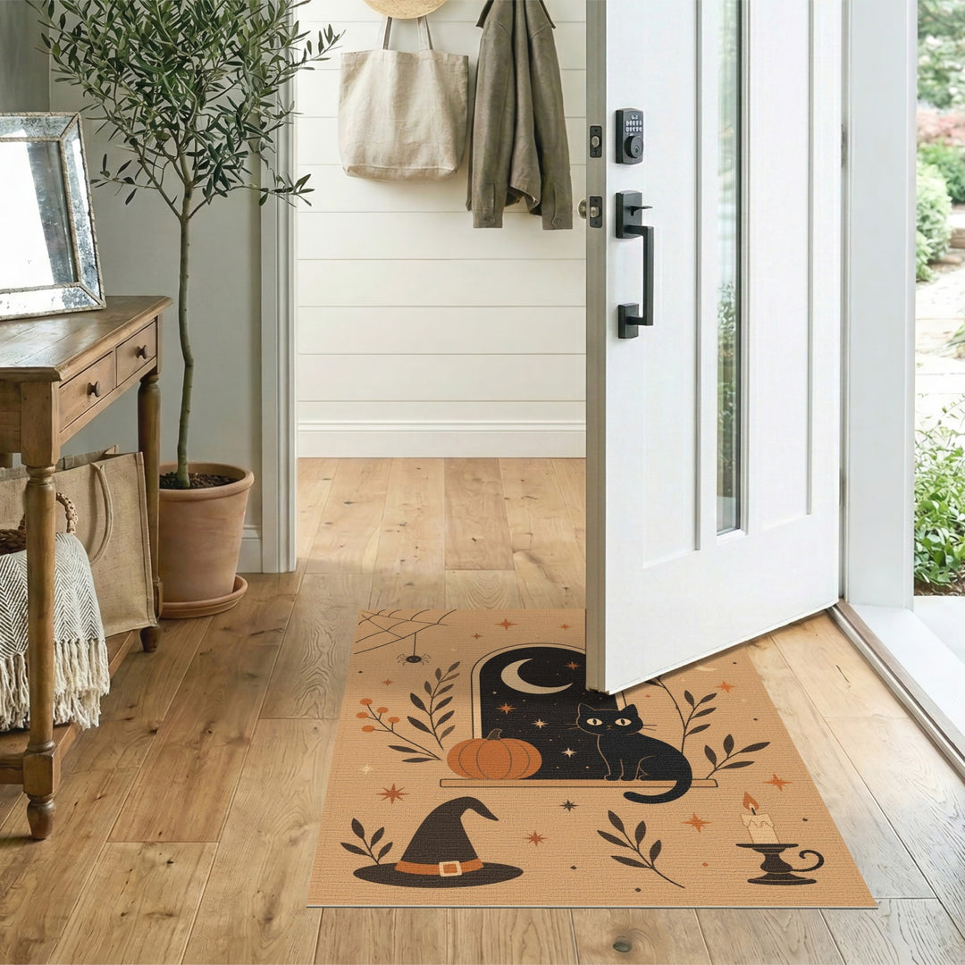 Brown and Tan Halloween Black Cat Pumpkin Area Rug