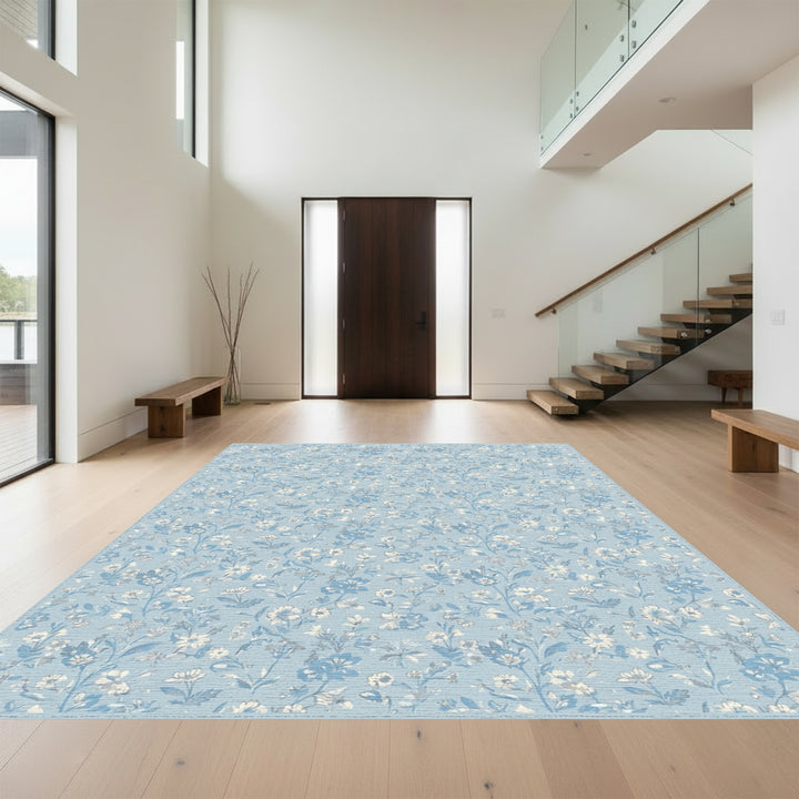 Sky Blue Floral Meadow Garden Rug