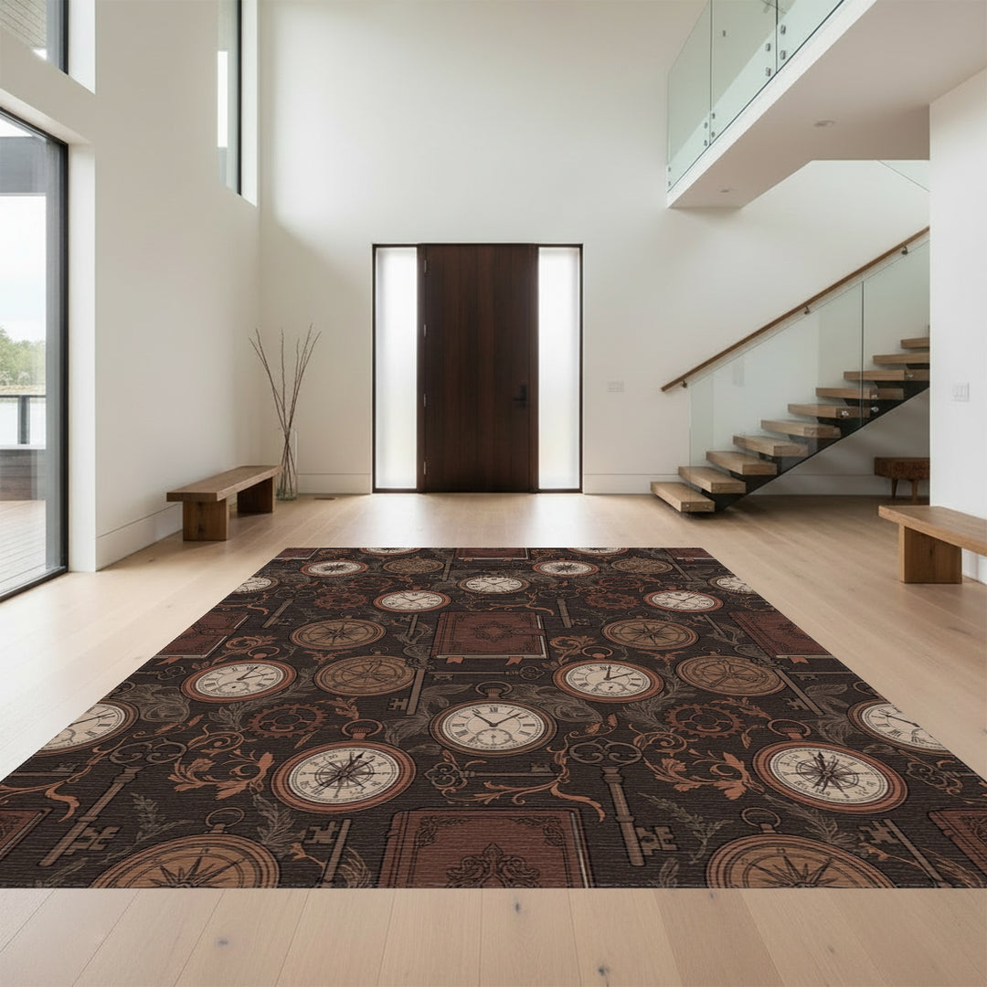 Brown Vintage Compass Pocket Watch Keys Rug