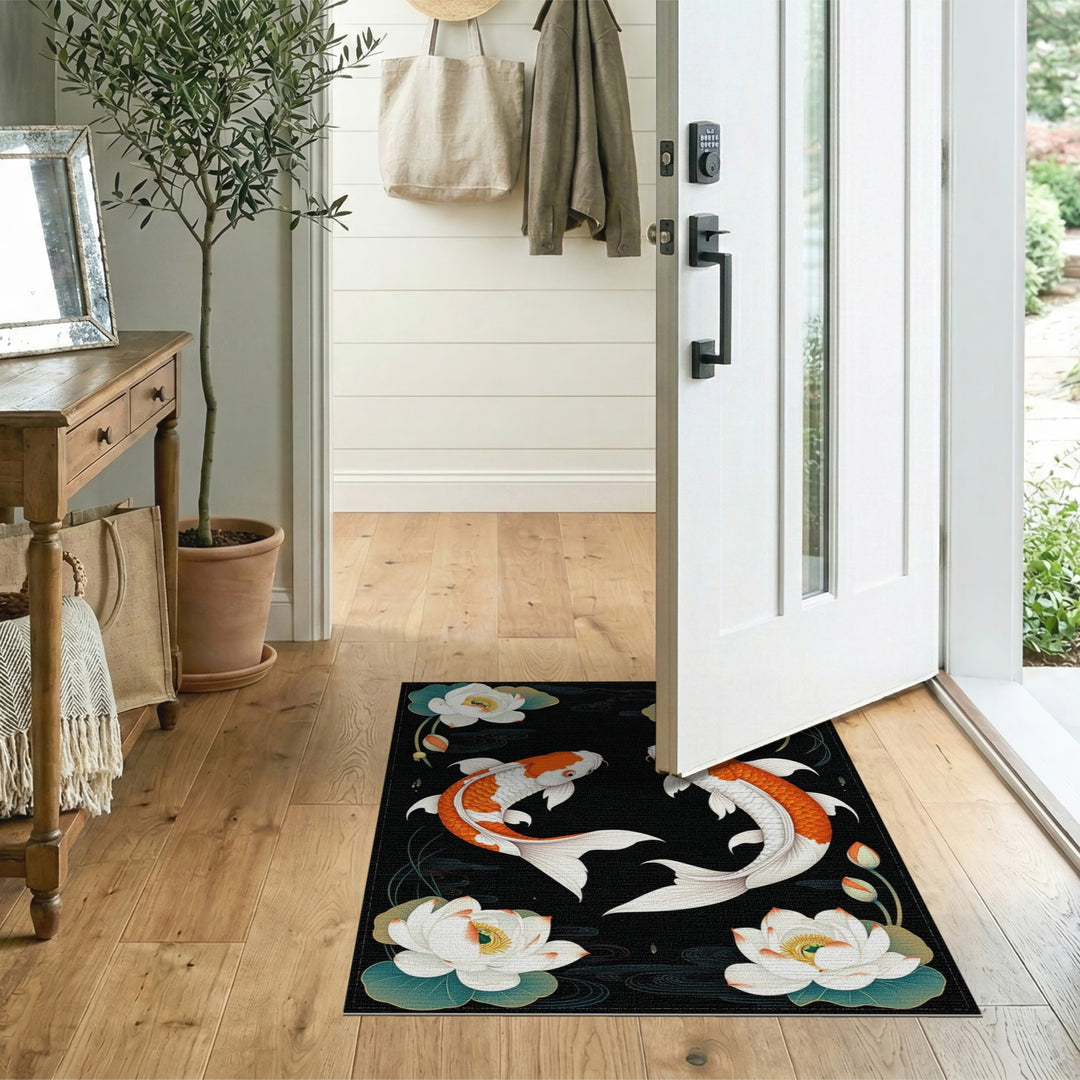 Orange Koi Lotus Black Area Rug