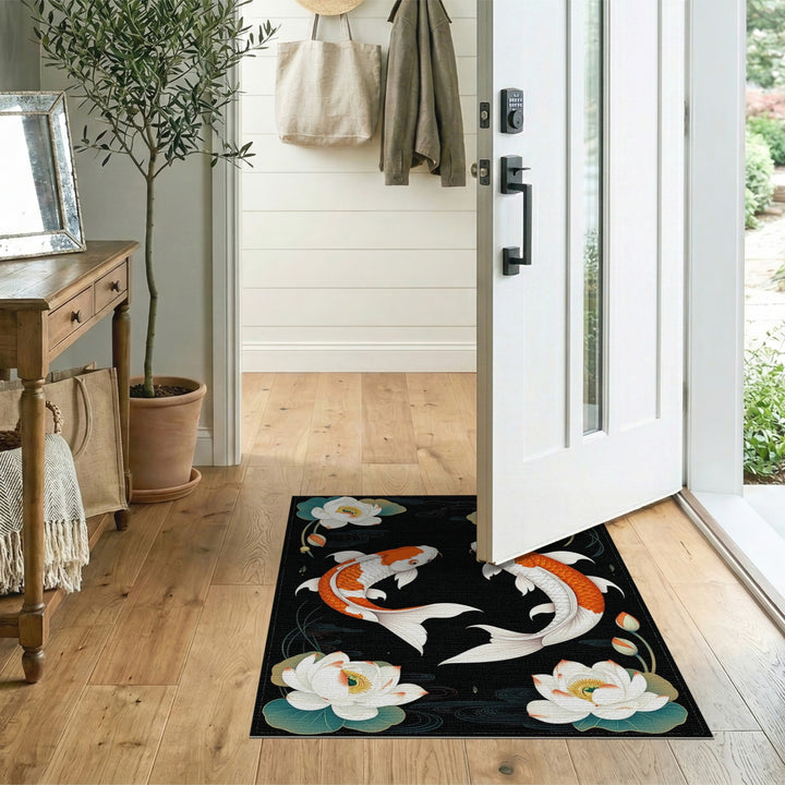 Orange Koi Lotus Black Area Rug