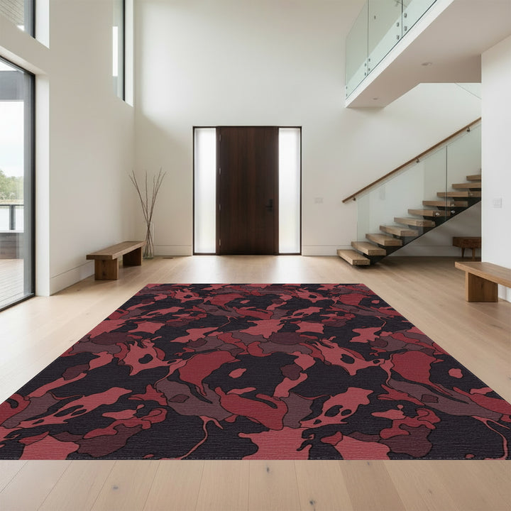 Dark Red Camouflage Abstract Forms Rug