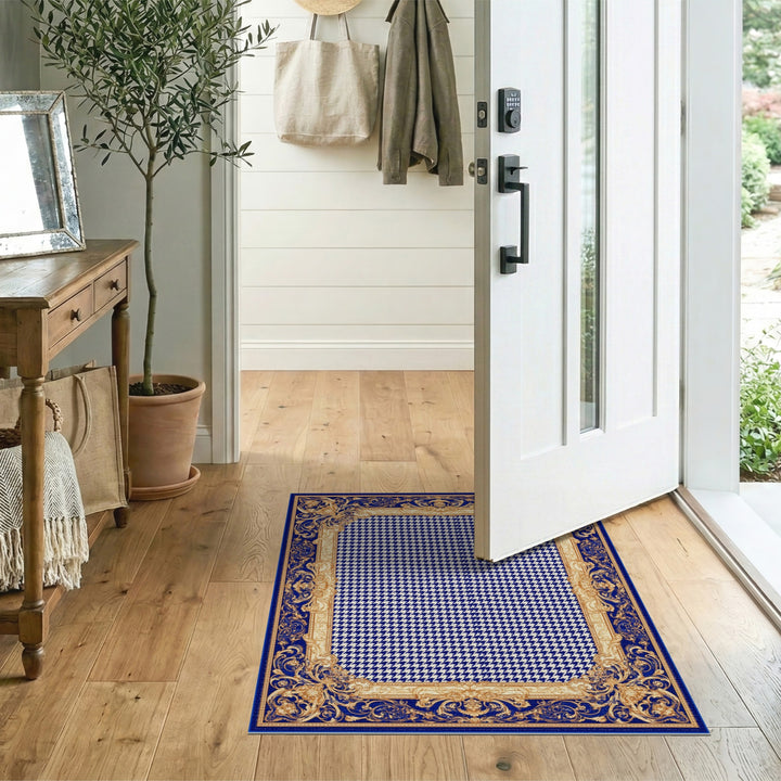 Blue Houndstooth Gold Border Area Rug
