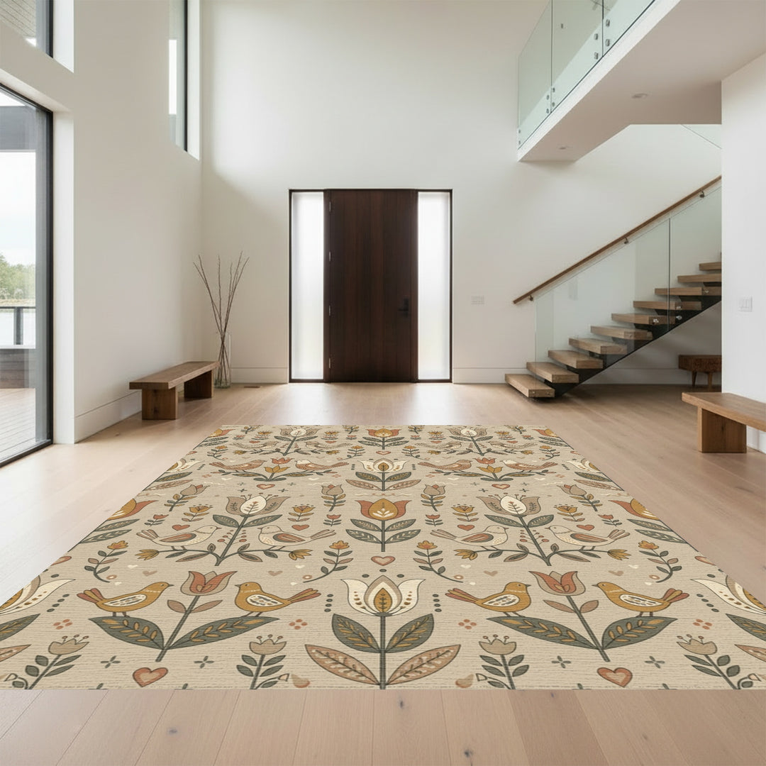 Earthy Tone Birds and Tulips Rug