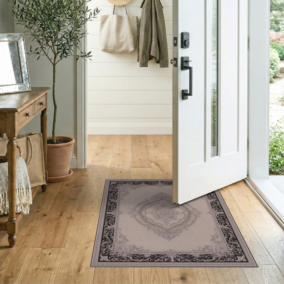 Ornate Floral Medallion Black Border Area Rug