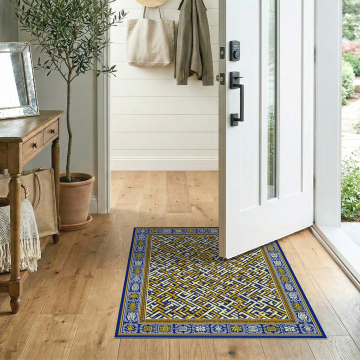 Blue Gold Geometric Maze Area Rug