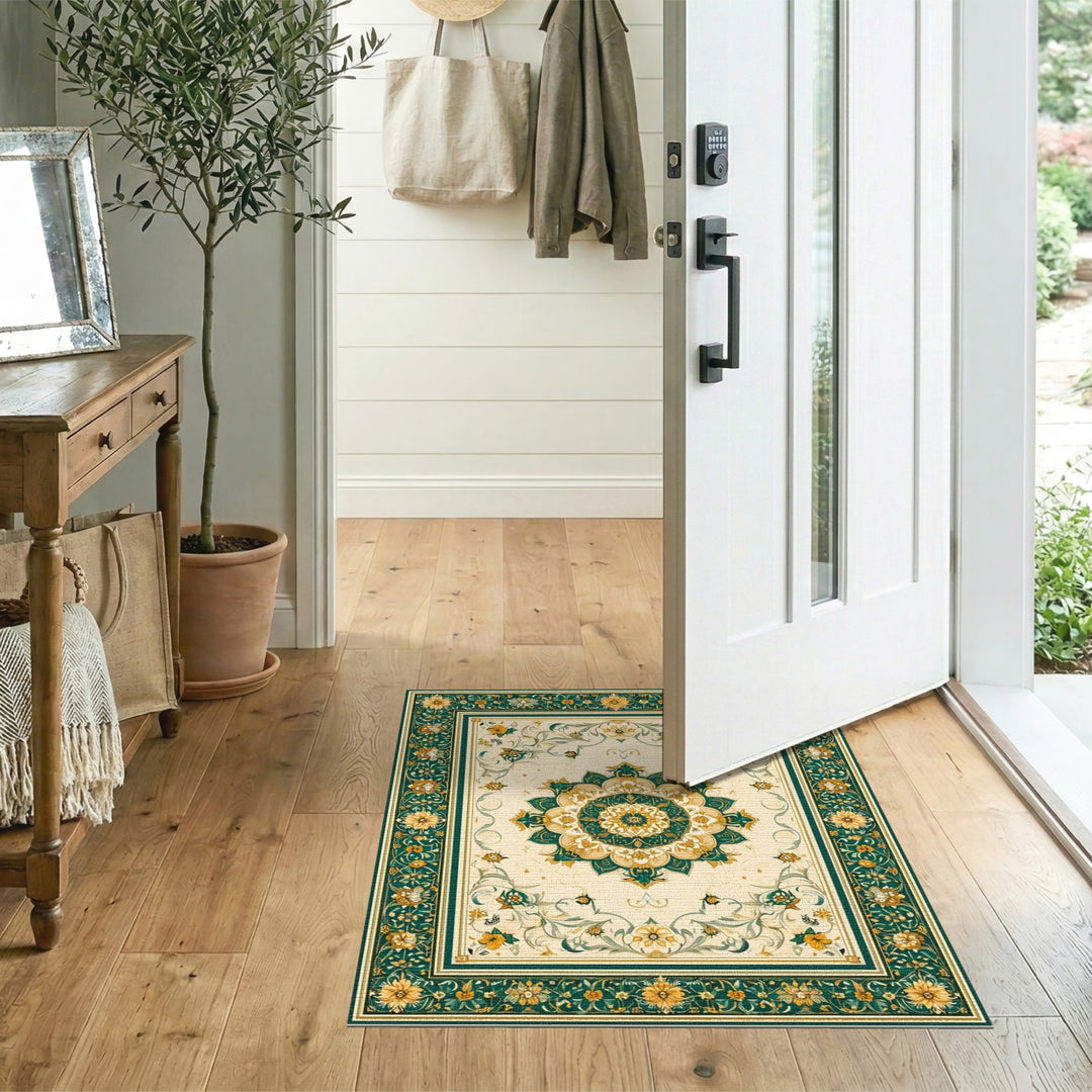 Blue and Teal Gold Floral Persian Medallion Rug