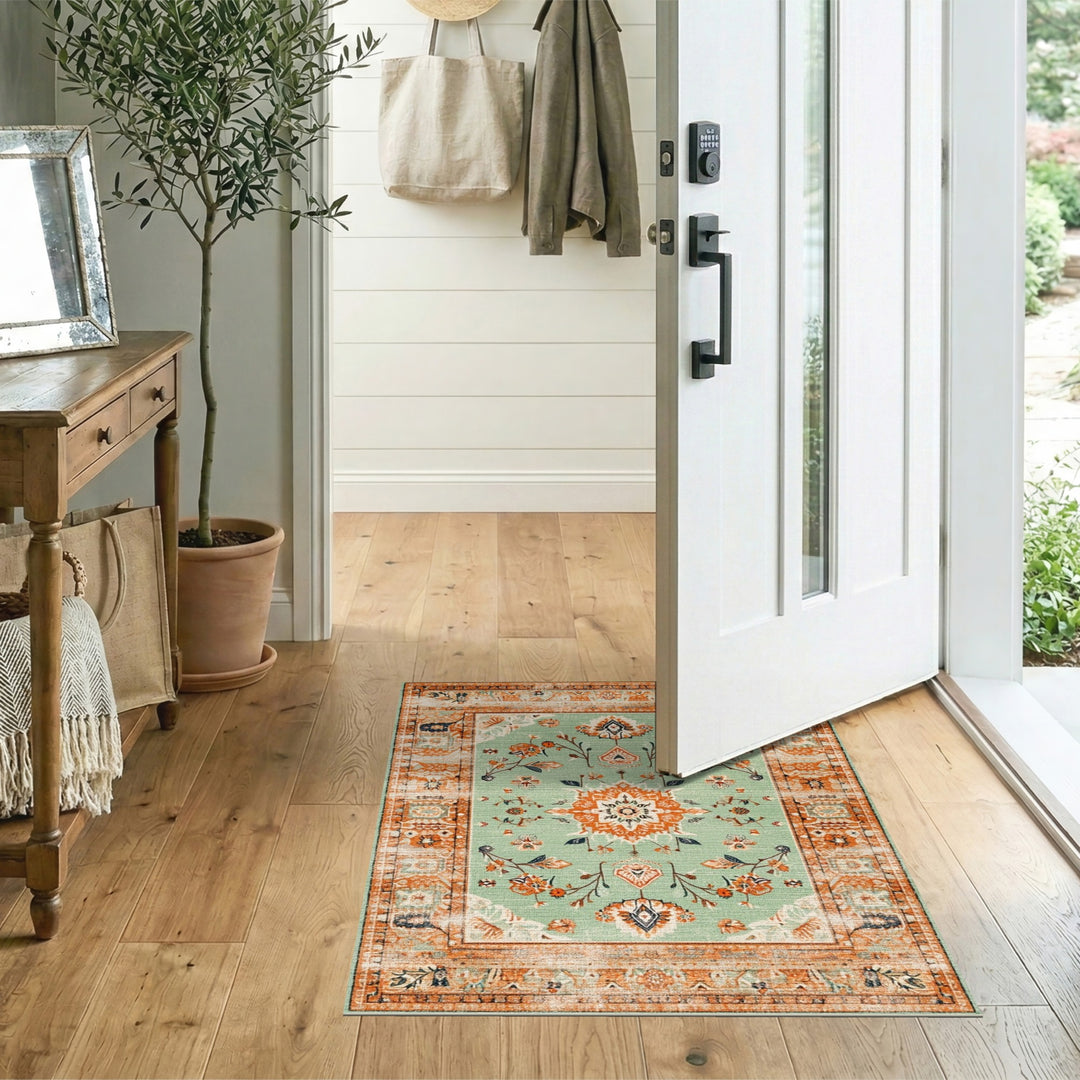 Vintage Green Floral Medallion Area Rug
