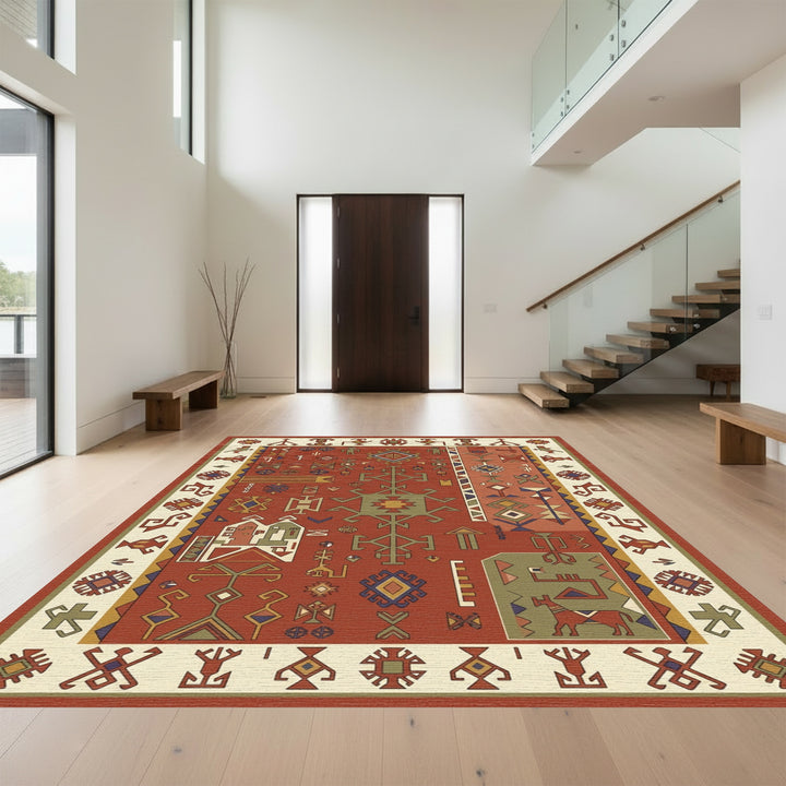 Rustic Red Geometric Cultural Allegory Rug