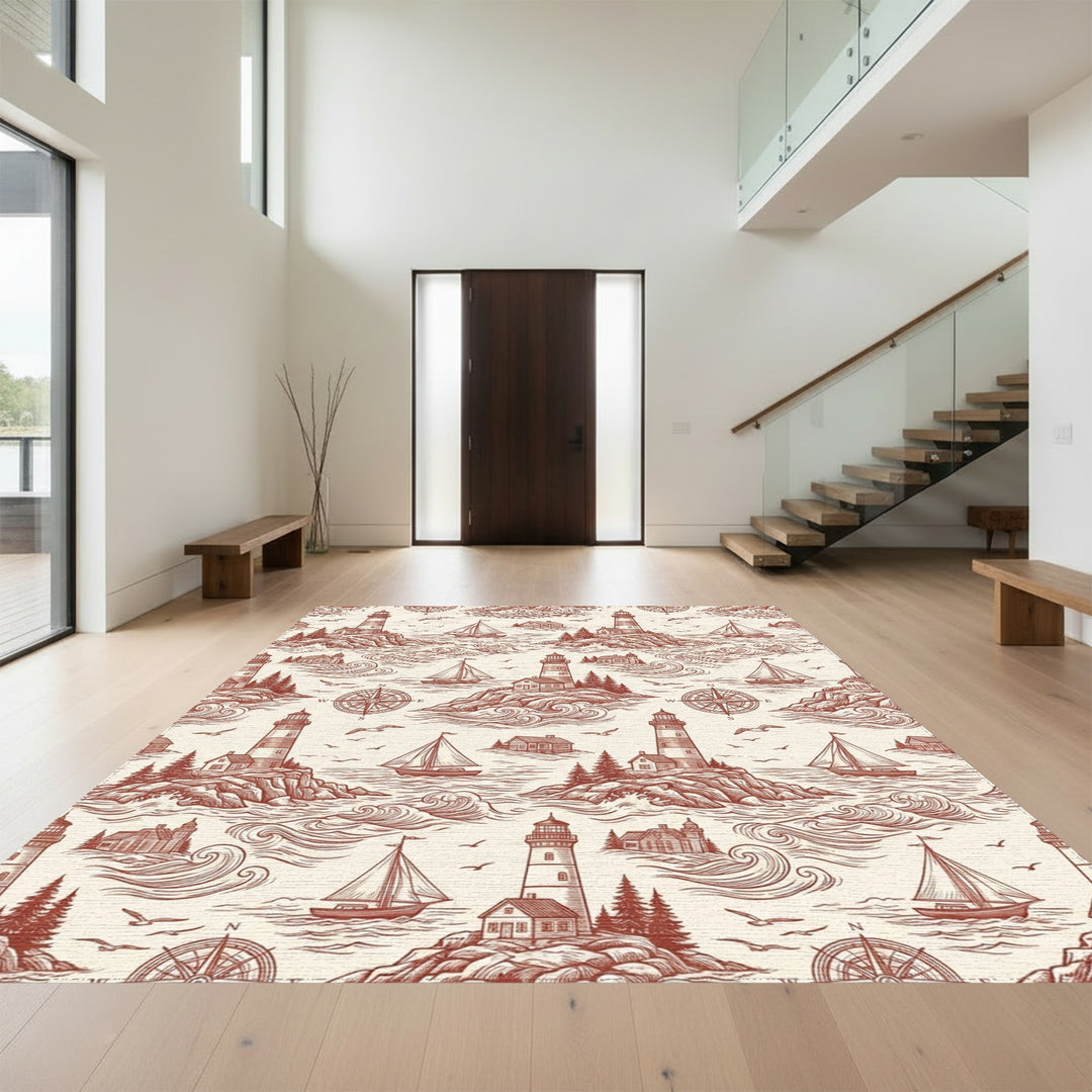 Nautical Red Lighthouse Sailboat Seascape Rug