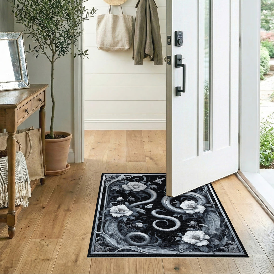 Black White Serpent Floral Area Rug