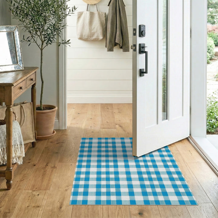 Blue Checkered Washable Blue and Teal Area Rug