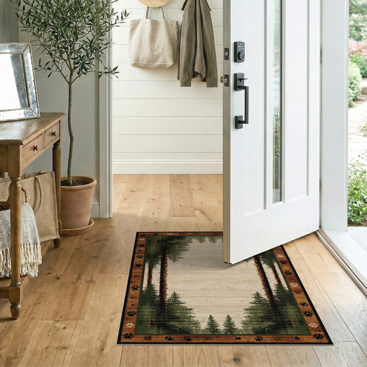 Rustic Pine Forest Paw Print Area Rug