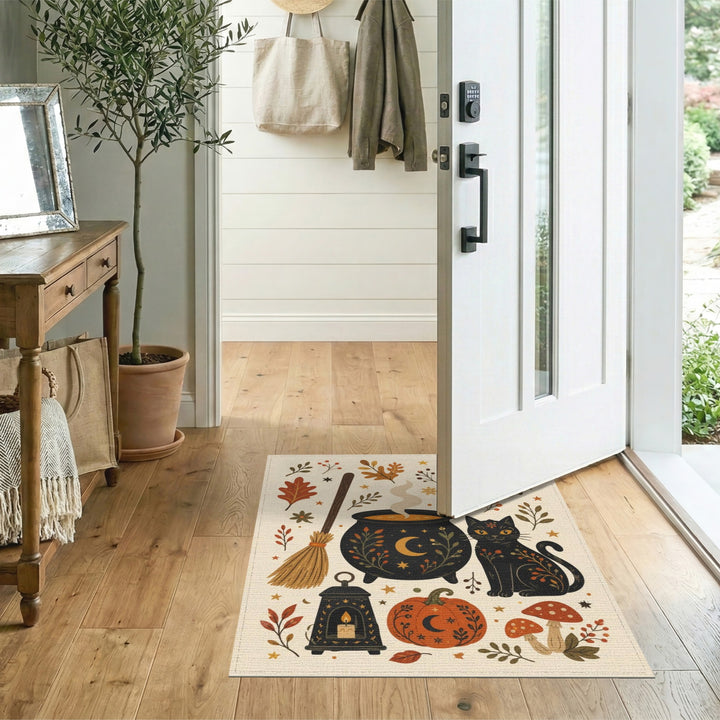 Whimsical Black Cat Cauldron Halloween Area Rug