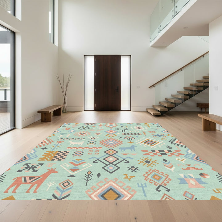 Boho Turquoise Animals Diamond Medallion Rug
