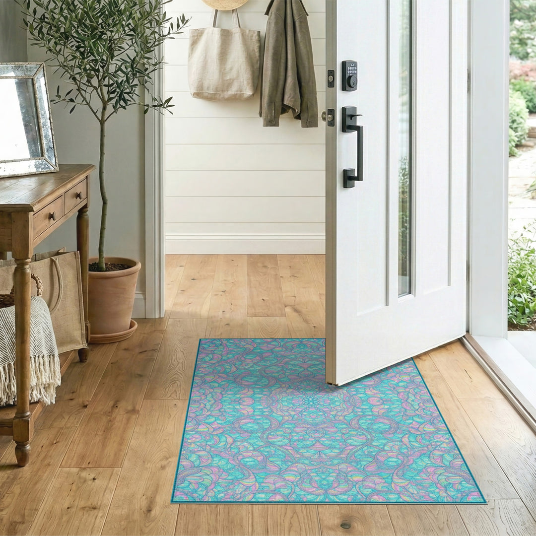 Teal Boho Floral Swirl Area Rug