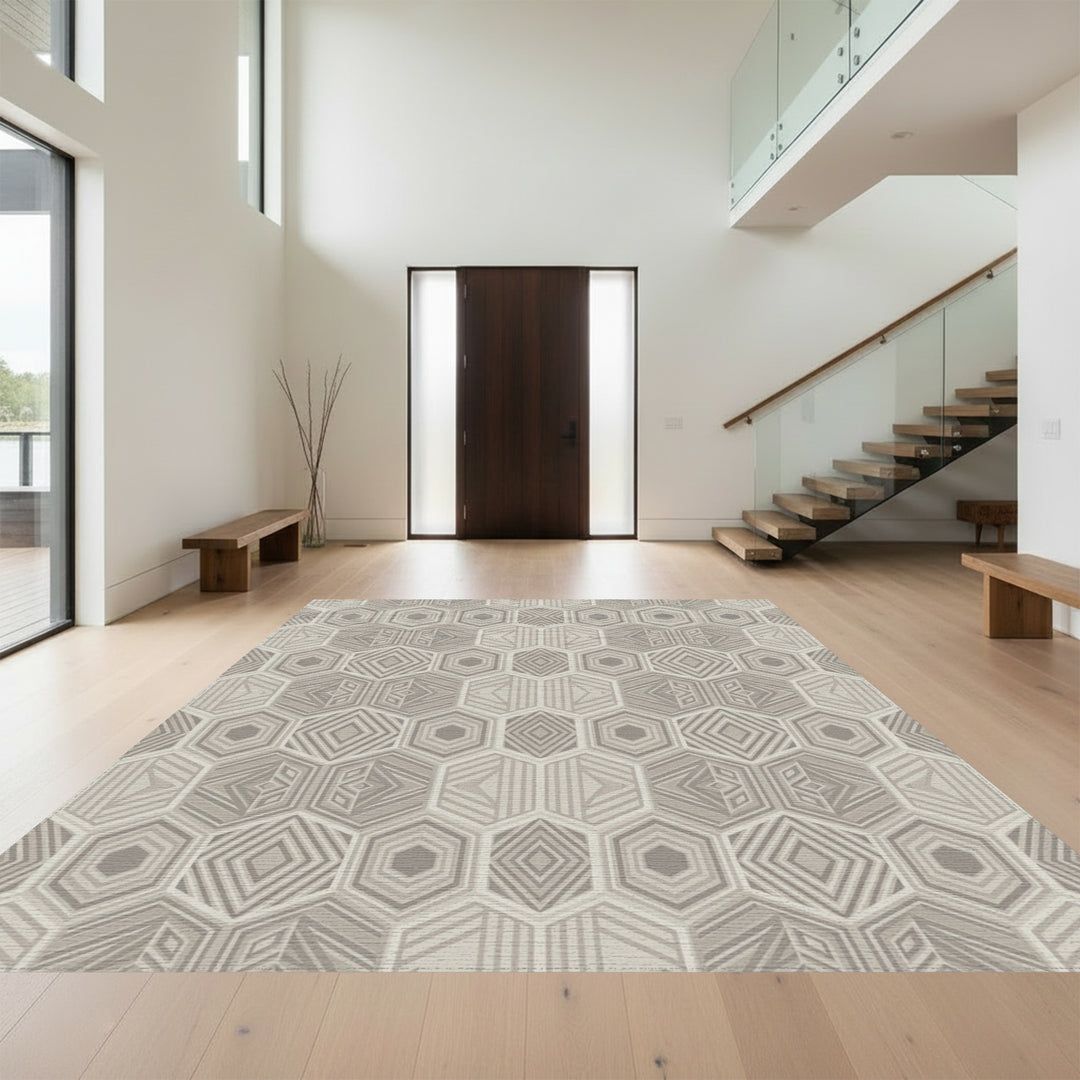 Neutral Geometric Hexagon Interlocking Rug