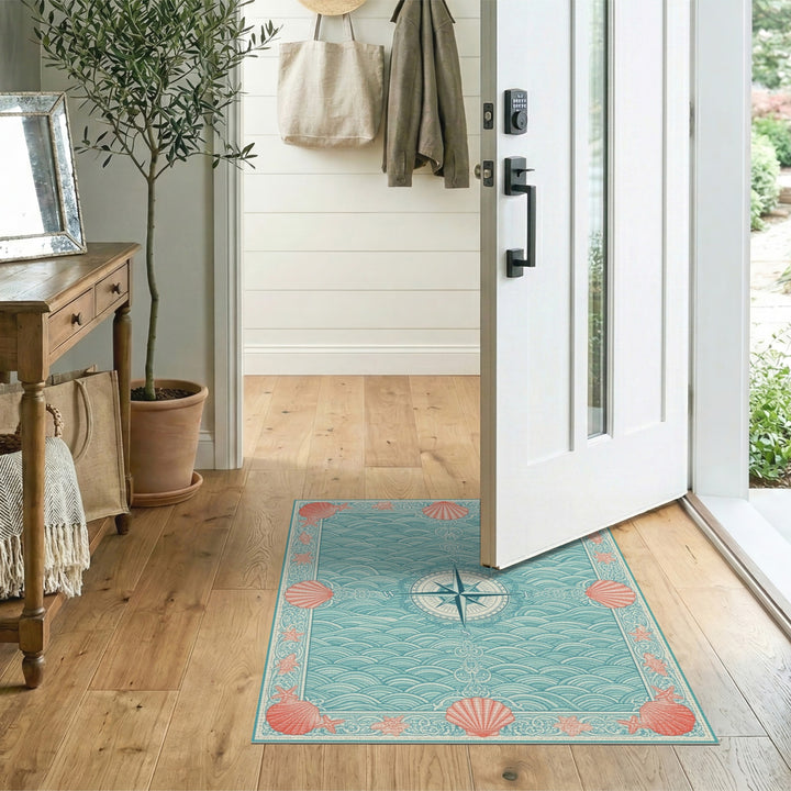 Coastal Compass Wave Teal Area Rug