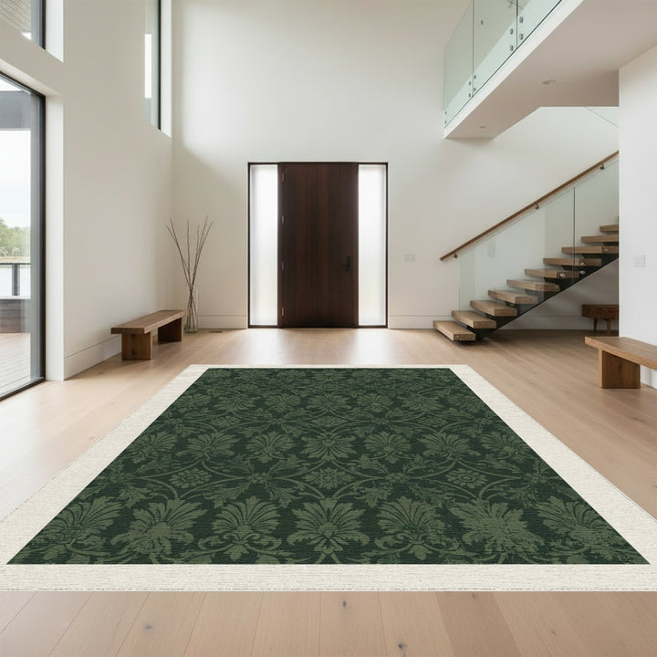 Deep Forest Crested Floral Damask Rug