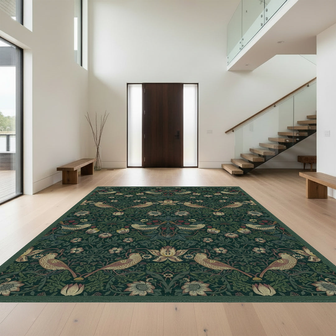 Dark Green Bird Floral Garden Rug