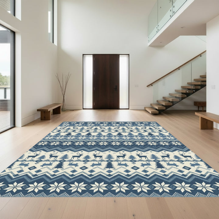 Nordic Blue Deer Snowflake Forest Rug