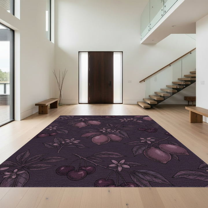 Dark Plum Cherry Lemon Botanical Illustration Rug