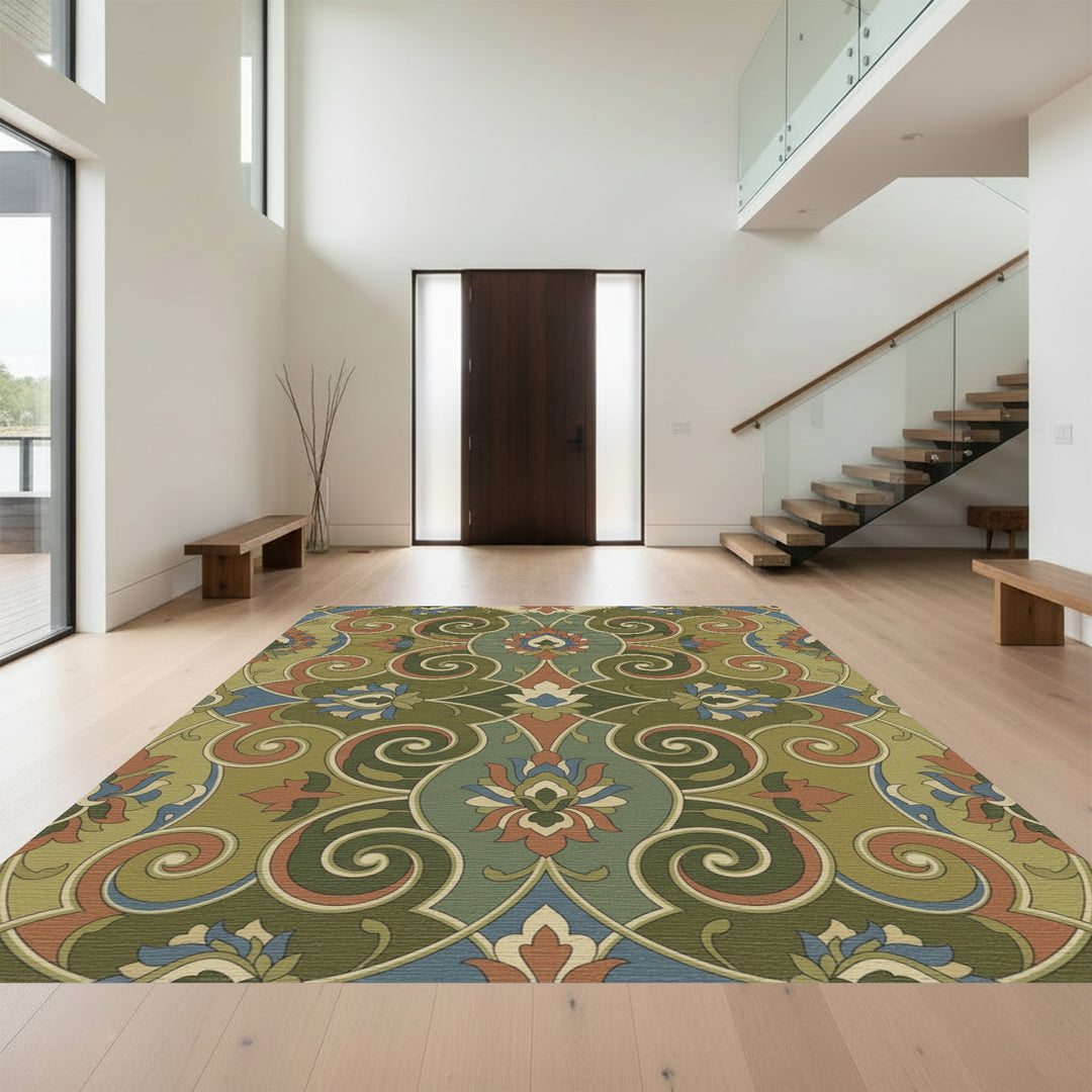Olive Green Floral Swirl Medallion Rug