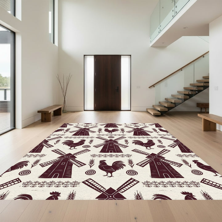 Farmhouse Windmill Rooster Wheat Border Rug