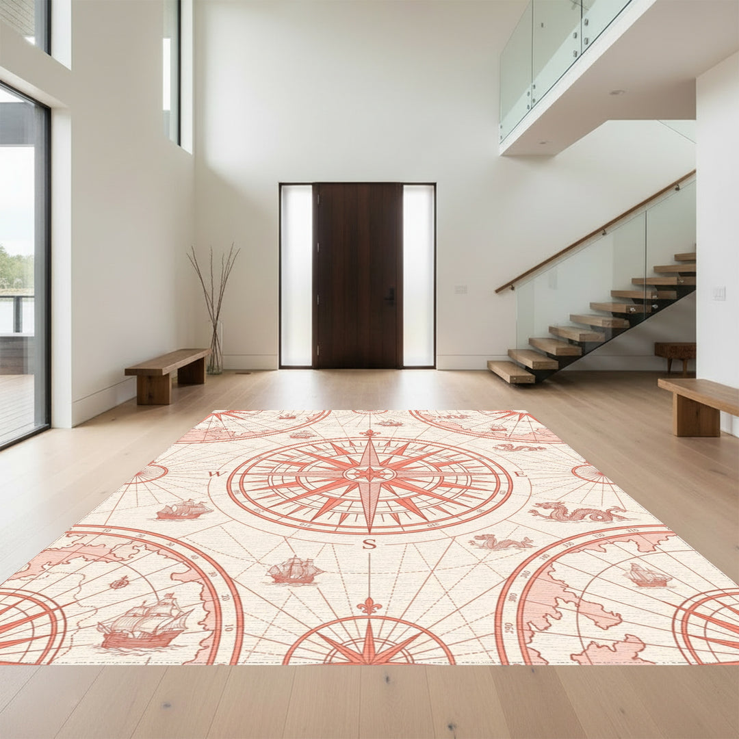 Coral Nautical Compass Ship Dragon Map Rug