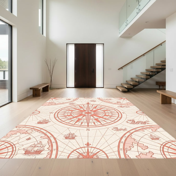 Coral Nautical Compass Ship Dragon Map Rug