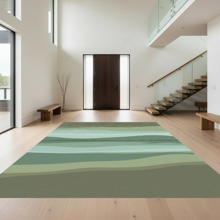 Earthy Green Abstract Wavy Stripes Rug
