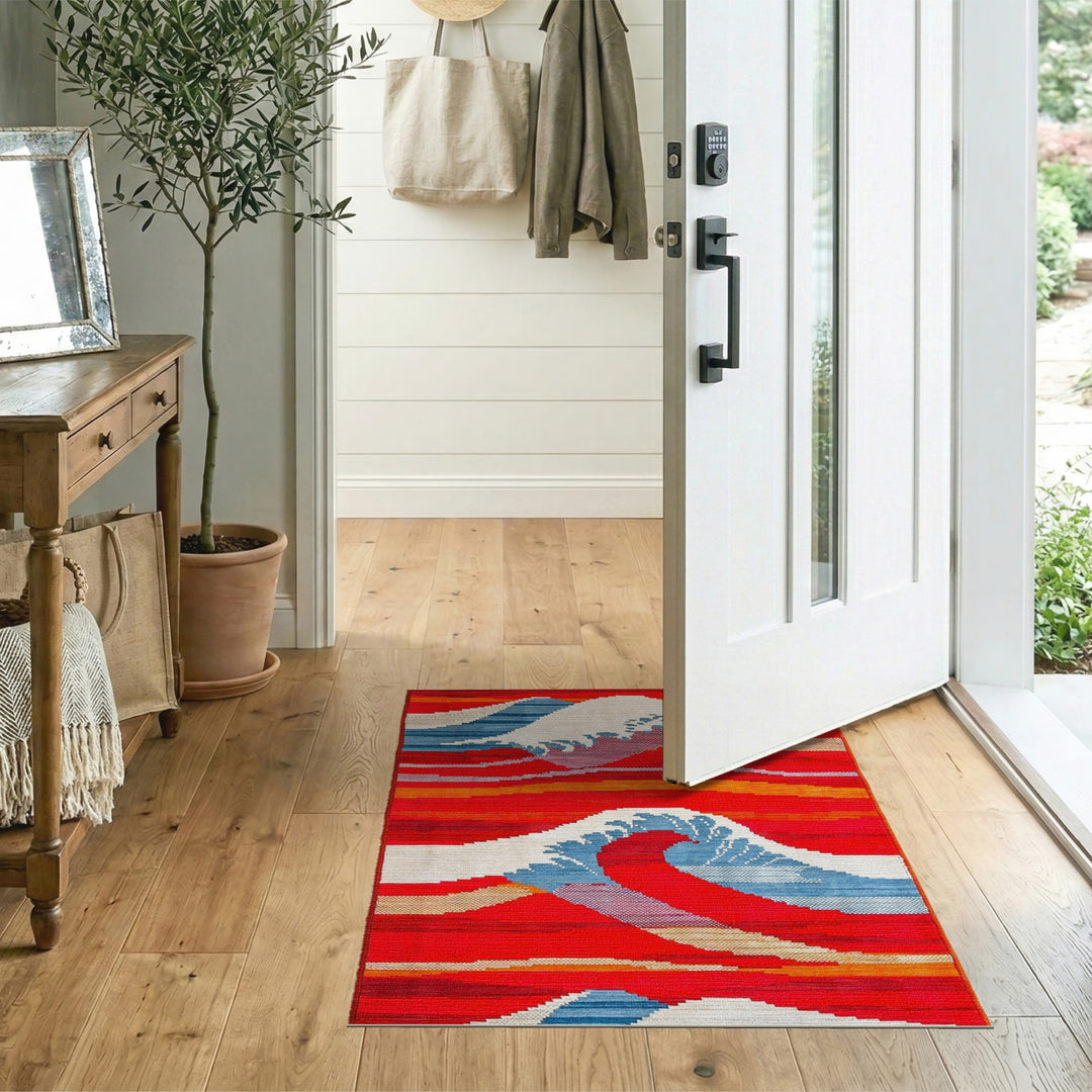 Abstract Area Red Vibrant Red Wave Abstract Area Rug