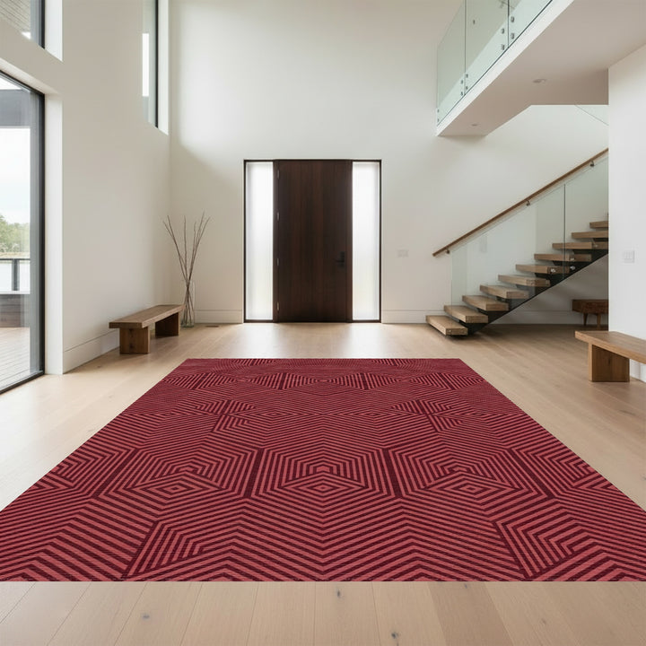 Modern Deep Red Geometric Hexagon Rug