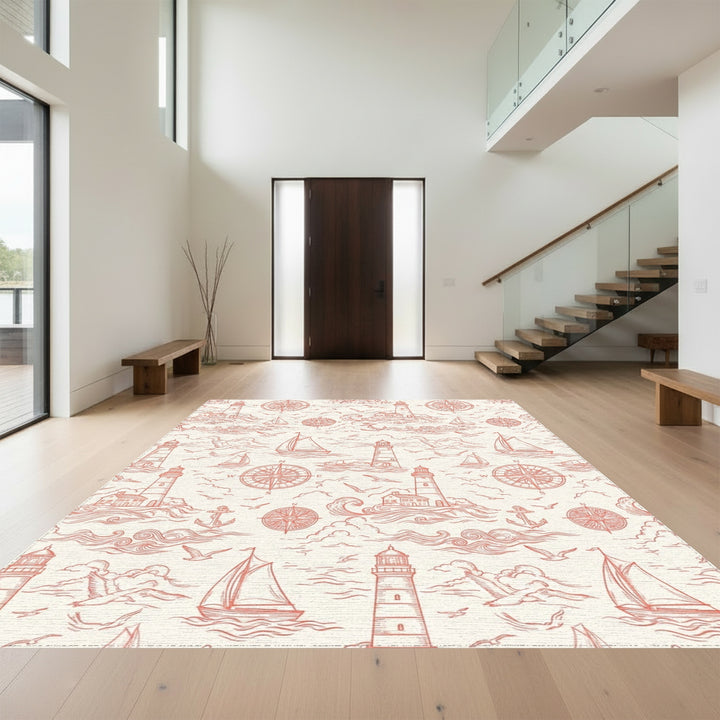 Coral Coastal Lighthouse Sailboat Compass Rug